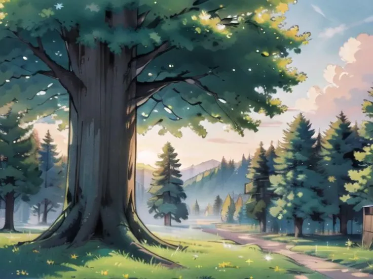 (best quality, masterpiece, illustration:1.1), forest, sunrise, giant tree, <lora:HarvestBeta:0.9>,