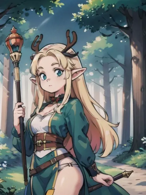 (best quality, masterpiece, illustration:1.1), woman in a forest holding a staff, kingdom of elves, young woman with antlers, on forest path, <lora:HarvestV1:0.5>