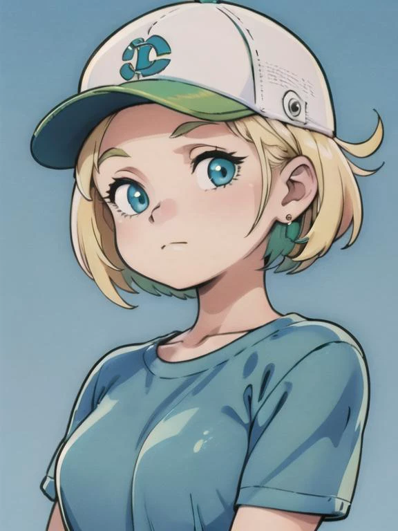 (best quality, masterpiece, illustration:1.1), 1girl, aqua eyes, baseball cap, blonde hair, closed mouth, earrings, green background, hat, hoop earrings, jewelry, looking at viewer, shirt, short hair, simple background, solo, upper body, yellow shirt, <lora:HarvestV1:0.5>