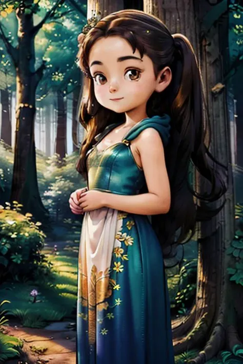 Imagine a beautiful, ethereal girl standing in the heart of an enchanted forest. The soft, warm glow of magical fireflies surrounds her, illuminating her delicate features. Her long, flowing hair is adorned with a crown of vibrant flowers and leaves, and her eyes sparkle with the secrets of the forest.She wears a flowing, floor-length dress made of delicate silk that dances with the gentle breeze. The fabric is a mosaic of natural colors, with shades of emerald green, deep blue, and soft purple, blending seamlessly to create an organic, otherworldly pattern.The girl stands beneath an ancient tree, its branches stretching protectively overhead, filtering the golden sunlight that bathes her in a warm embrace. Her fingertips gently touch the tree's trunk, as if in communion with the spirit of the forest. Image of a Woman, full body portrait, front view, mid-shot, Pigtail hair, hoodie, that is smiling, expressionism, silhouetting, soft lighting, natural lighting, chiaroscuro, photorealistic, detailed face, highest quality, masterpiece. <lora:HarvestMoonV7:1>