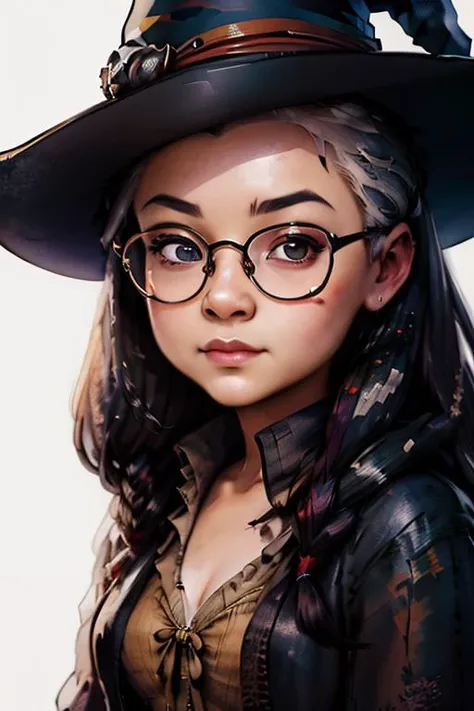 Closeup portrait of a young witch, glasses, African, scarred face, platinum hair, digital painting, detailed face, shot on Canon 5d trending on artstation Pixiv fanbox deviantart artwork by Audrey Kawasaki WLOP Artgerm Craig Mullins Ruan Jia masterpiece, painted by Rembrandt background witches cabin <lora:HarvestMoonV7:1>