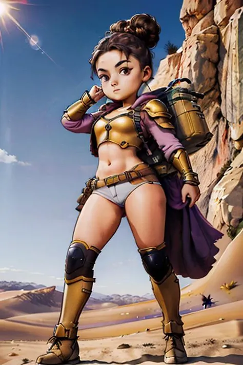 Image of a teenager, warrior, Bun hair, cheeky, clothes, heliotrope, desert, lens flare, detailed face, highest quality, masterpiece, <lora:HarvestMoonV7:1>
