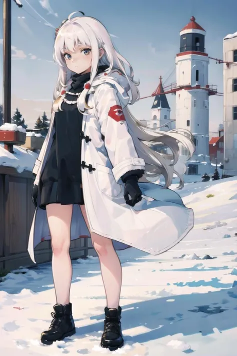 (best quality, masterpiece, illustration:1.1), 1girl, blonde white hair, (white eyes:1.3), upset, looking at viewer, coat, (white coat:1.3), straight hair, outdoors, north pole, snow, solo, full body, <lora:HarvestV2:0.7>