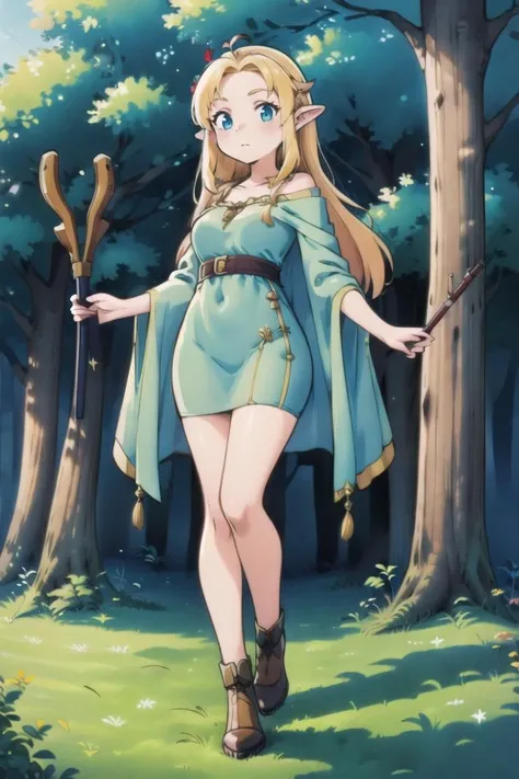 (best quality, masterpiece, illustration:1.1), woman in a forest holding a staff, kingdom of elves, young woman with antlers, on forest path,  <lora:HarvestV2:0.9>