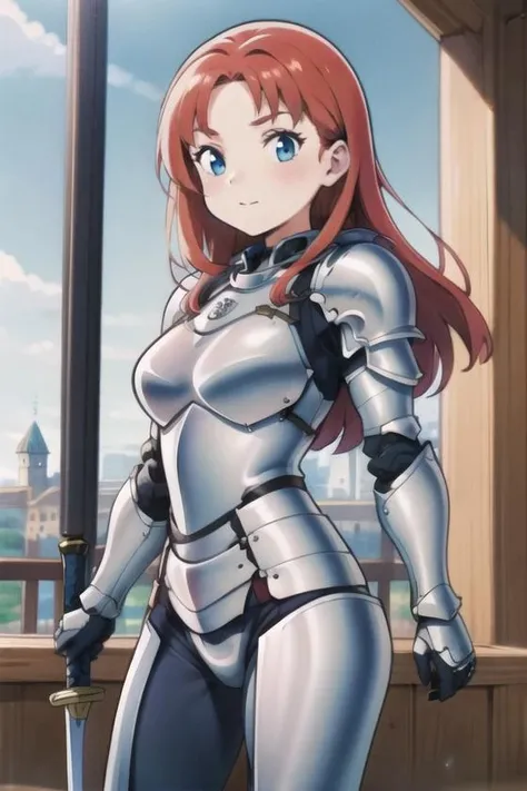 (best quality, masterpiece, illustration:1.1), 1girl, female knight, full metal armor, red hair, grey eyes, holding sword, castle, sidelighting, (cowboy shot:1.2), <lora:HarvestV2:0.9>