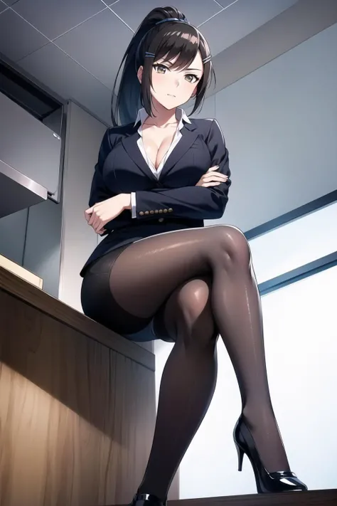 <lora:chabashira_sae:1> 1girl, chabashira sae, high ponytail,
looking at viewer, pantyhose,
sitting, from below, crossed legs, shoes, indoors, suit jacket cleavage, crossed arms,