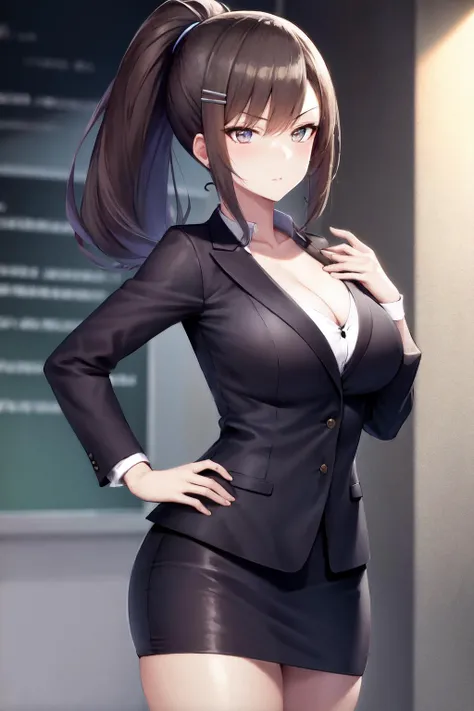 masterpiece, best quality, highres, 1girl, chabashira sae, high ponytail, suit, jacket, cleavage <lora:chabashira_sae:1>
