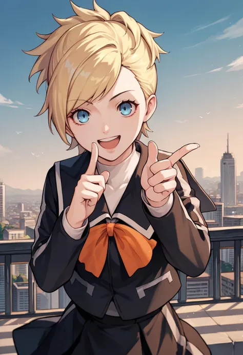 score_9, score_8_up, score_7_up, source_anime,  1girl, looking at viewer, smile, open mouth, finger gun, <lora:zs_LisaXL:1> lisap2, blonde hair, short hair, ponytail, blue eyes, school uniform, long sleeves, orange ribbon, skirt, knee socks, outdoors, cityscape, sky