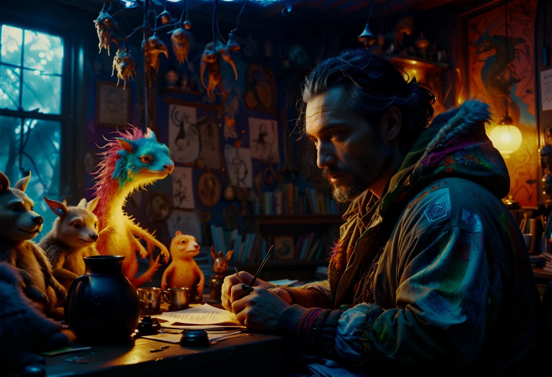 cinematic photo ethereal fantasy concept art of Light and Bright, anaglyph filter, glimmering transformation, Relieving, Colorful, Concept artist, Light and shadow plays, Controversial Brutal stout Turkish (Parent:1.3) , he is surrounded by a couple of Ugly animals wearing Fatigued Parka as a Fashion designer, in a very Noxious Wide-leg pants and off-the-shoulder top designed by Playstation, he has European hair, Shameless, Low Contrast, Decoupage, moody lighting, Frightening, Fujifilm Superia, epic fantasy, In this vivid scene, a colorful concept artist is immersed in his work. He is seated at his desk, engrossed in designing characters for an epic fantasy game. His surroundings are filled with various objects that reflect his artistic inspiration. A lamp casts a warm glow across the room, illuminating his workspace and highlighting the intricate details of his designs. In front of him, a cup of coffee steams gently, its contents providing sustenance and fuel for his creative process. The walls of the room serve as a canvas for his work, adorned with sketches and notes that represent his . magnificent, celestial, ethereal, painterly, epic, majestic, magical, fantasy art, cover art, dreamy . 35mm photograph, film, bokeh, professional, 4k, highly detailed