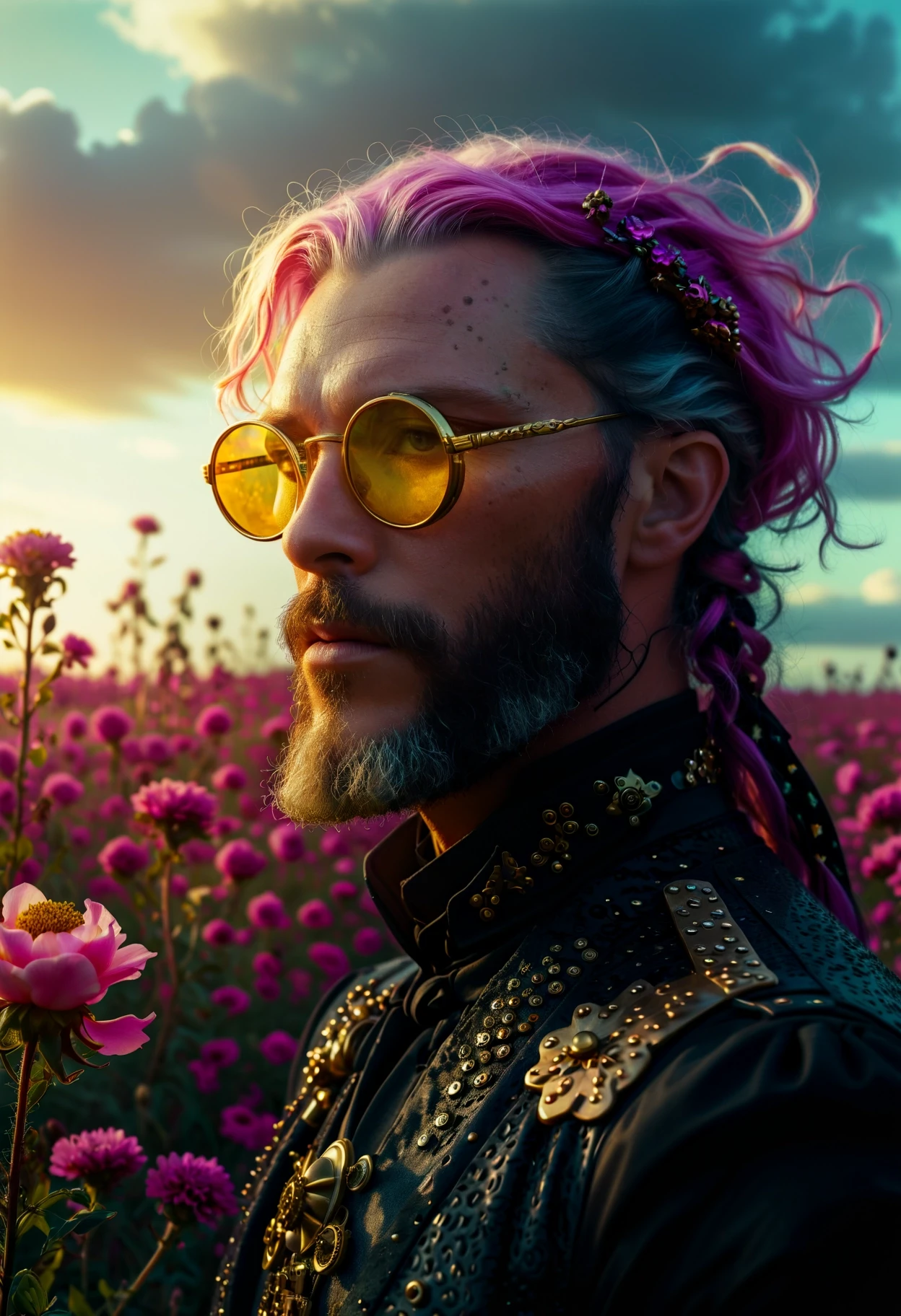 fashion editorial style ethereal fantasy concept art of digital art, lush flower field and Big Dipper in background, elegant, selfie of a Emotional Abhorrent hefty Gothic (Father:1.3) , he is surrounded by Hairbrushs, he is feeling very insecure as a Weaponsmith, he is wearing his Colombian Steampunk clothing, The Steampunk clothing is cheetah print, he has Pink hair, the Weaponsmith has a Smooth Byzantine Gold Horn-rimmed glasses, Large Beard, at Golden hour, deep focus, Masterpiece, Cozy, 70s Art, spotlight, telephoto lens, psychedelic colors, electric color and Bronze dust particles, multidimensional, sharp and in focus, detailed face, trending on artstation, Concept Art World, (art by Anna Dittmann:1.2) , (Alphonse Mucha:0.8) , artistic, In this stunning digital artwork, we see a selfie of an Emotional Abhorrent Gothic Weaponsmith who stands amidst a vibrant flower field under the watchful gaze of the Big Dipper. His attire is a blend of Colombian Steampunk fashion with a distinctive cheetah print design. He sports pink hair and dons gold horn-rimmed glasses that reflect his thoughtful demeanor. A large beard adds to his rugged charm. The golden hour lighting casts an ethereal glow over him and his surroundings. The deep focus and telephoto lens used for capt . magnificent, celestial, ethereal, painterly, epic, majestic, magical, fantasy art, cover art, dreamy . high fashion, trendy, stylish, editorial, magazine style, professional, highly detailed