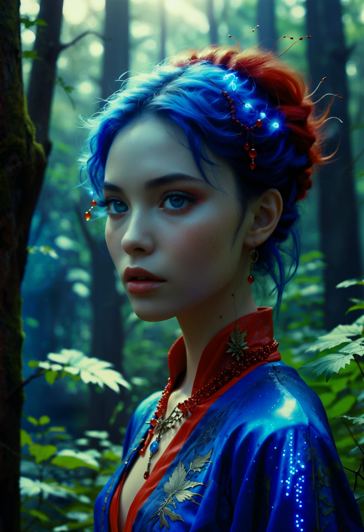 fashion editorial style ethereal fantasy concept art of (stylized by Classic Disney:0.9) and (Bastien Lecouffe-Deharme:1.1) , digital art, stylized, lovely, modelshoot style shot of a Dragoncore Supernatural athletic Singaporean (Sibling:1.3) , she is Cleaning, she is electric blue skin, >q, she is feeling furious, the Sibling is wearing a Grumpy Crimson Greek Polyurethane Coat that was forged by Sega, It is very Acid colors and Vibrant, is unbuttoned, the Sibling has Labyrinthine hair, the Sibling has a Infected Goth electric red Bling, Bewitching Cufflink, Parisien forest with Beehive, at Midday, Sharp and in focus, Hopeful, Ukiyo-E, Rembrandt lighting, 800mm lens, deep blue neon hue, glitter texture, behance, realistic pretty face, detailed face, extremely detailed CG Unity 8k wallpaper, Concept Art World, A stunning digital artwork captures a moment in time featuring a young woman. Her eyes glow with an electric blue light, matching her vibrant skin tone. She's dressed casually in a grungy crimson coat that adds a touch of rebellion to her look. A red bead necklace dangles from her neck, catching the eye amidst her fiery expression. The background is a lush green forest under a clear blue sky, providing a serene contrast to her intense gaze. The attention to detail in this artwork is truly impressive. . magnificent, celestial, ethereal, painterly, epic, majestic, magical, fantasy art, cover art, dreamy . high fashion, trendy, stylish, editorial, magazine style, professional, highly detailed