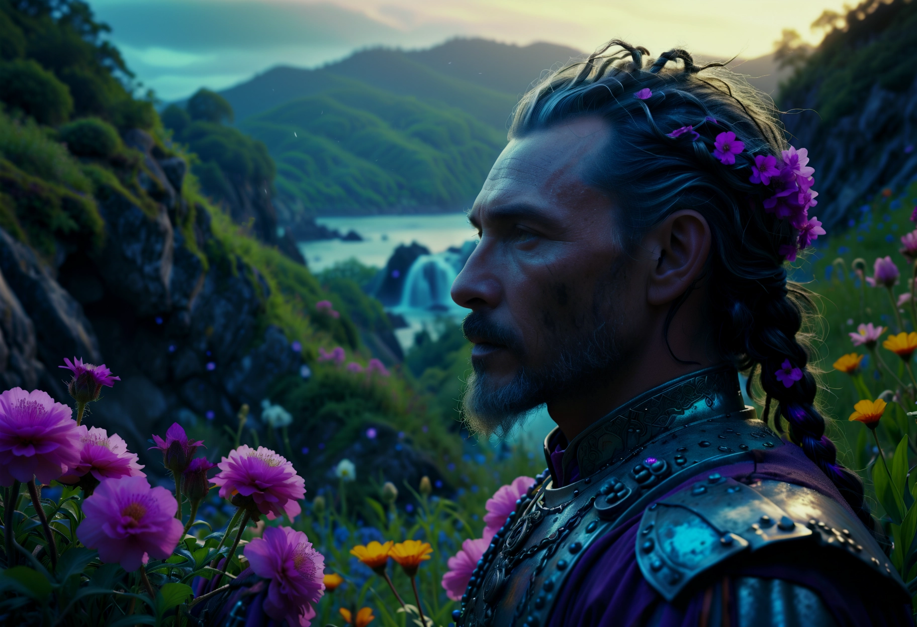 A man with long hair and a beard standing in a field of flowers - SeaArt AI