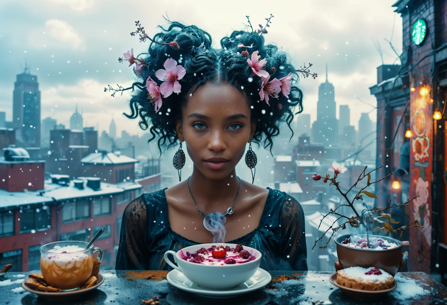 cinematic photo ethereal fantasy concept art of digital art, (electric color theme:0.7) , high angle shot of a Sickening Upside down well-built Urban (Aunt:1.3) , she is eating loganberries, she has a very wicked smile, she is Cooking, in a very Elevating Takchita made by Starbucks, the Aunt has Ivorian hair, she has a Injured South African cherry blossom pink Medallion, Cigarette, dense blossoms with Baobab, Snowing, tilt shift, Ultrarealistic, Energetic, intricate background, Pre-raphaelitism, Starlight, Zoom lens, Kodachrome, halation, Gray paint splotches, magnificent Topaz eyes, perfect skin, Pixabay, adobe lightroom, (designed by Tomasz Alen Kopera:0.8) , (Lois van Baarle:1.3) , (Beatrix Potter:1.1) , D&D, In a vibrant digital art piece set in an urban environment under a snowy sky, we see an upside-down cityscape bustling with life. A woman with striking Ivorian hair commands attention from her elevated vantage point atop a Starbucks Takchita building. She is engaged in cooking with her trusty companion - a cigarette resting comfortably in her hand. The surrounding area is dotted with lush baob trees and dense blossoms. Despite her injury, she sports a wicked smile as she prepares a meal with precision and care. The entire scene is further enhanced by the . magnificent, celestial, ethereal, painterly, epic, majestic, magical, fantasy art, cover art, dreamy . 35mm photograph, film, bokeh, professional, 4k, highly detailed