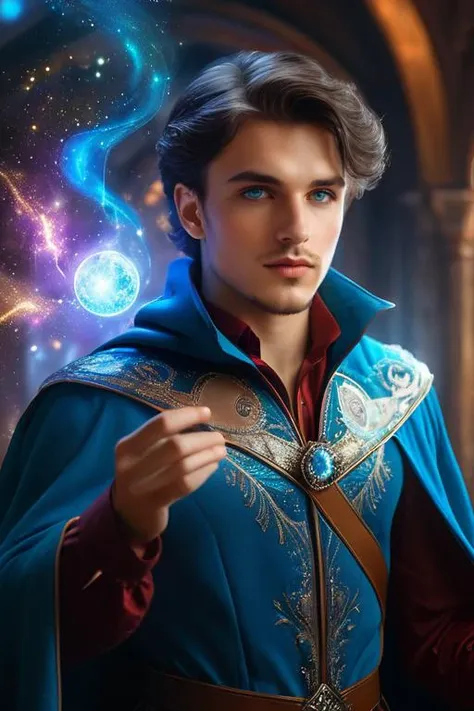 masterpiece,true work of art,high resolution,high quality. Imagine a fantasy illustration in a magical environment. A beautiful and handsome Russian magician,young,20yo,incredibly handsome in magic suit,man with athletic body,tight clothing with cape,short black hair,light blue eyes. The scene is a medieval magic workshop,with many potions,many glitter trails and stars fluttering all over the place. a very colorful and bright palette,photographed by Luis Royo and Wayne Barlowe,, alluring portrait, intricate, highly detailed, digital painting, artstation, concept art, naughty, sharp focus, cinematic lighting, illustration, art by artgerm and greg rutkowski, alphonse mucha, cgsociety