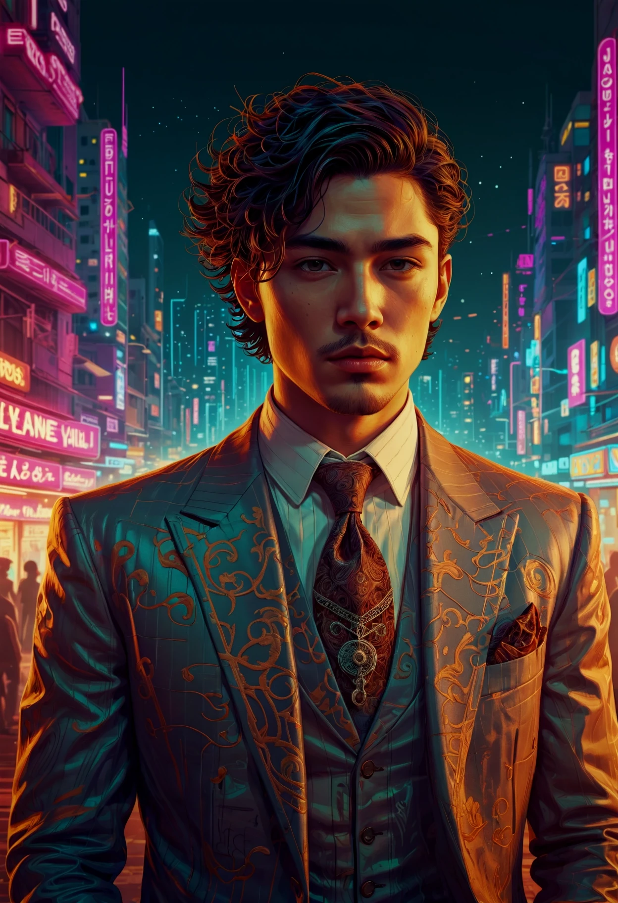 concept art retro cyberpunk designed by Victo Ngai, digital art, Arcane beefy Corsican Sibling, Explorer, lovely, his hair is Brown, Lace Handkerchief, Sharp and in focus, Overdetailed art, Cozy, loop lighting, 80mm, hyperdetailed, alluring, emotional, surreal, This is a portrait of Victo Ngai, a renowned digital artist. The artwork captures him as an Arcane beefy Corsican Sibling Explorer. His hair is richly brown and styled with a lace handkerchief. He is wearing a sharp suit that stands out against the cozy background. The image is overdetailed and taken under loop lighting. The overall composition creates an emotional and surreal atmosphere. . 80's inspired, synthwave, neon, vibrant, detailed, retro futurism . digital artwork, illustrative, painterly, matte painting, highly detailed