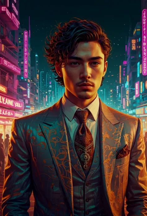 concept art retro cyberpunk designed by Victo Ngai, digital art, Arcane beefy Corsican Sibling, Explorer, lovely, his hair is Brown, Lace Handkerchief, Sharp and in focus, Overdetailed art, Cozy, loop lighting, 80mm, hyperdetailed, alluring, emotional, surreal, This is a portrait of Victo Ngai, a renowned digital artist. The artwork captures him as an Arcane beefy Corsican Sibling Explorer. His hair is richly brown and styled with a lace handkerchief. He is wearing a sharp suit that stands out against the cozy background. The image is overdetailed and taken under loop lighting. The overall composition creates an emotional and surreal atmosphere.  . 80's inspired, synthwave, neon, vibrant, detailed, retro futurism . digital artwork, illustrative, painterly, matte painting, highly detailed