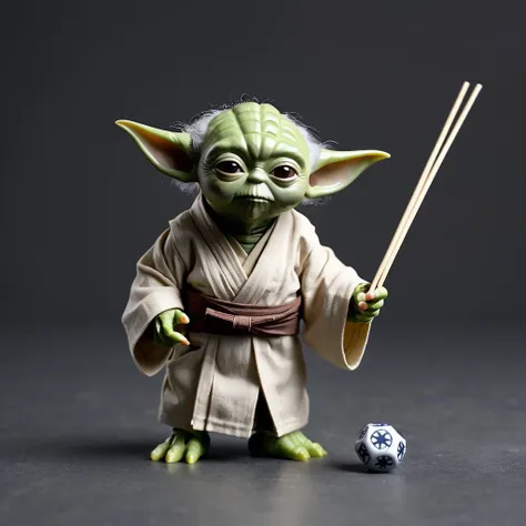 Yoda catching miniature tie fighters with chopsticks.
Yoda is wearing a bandana with Japanese symbols.