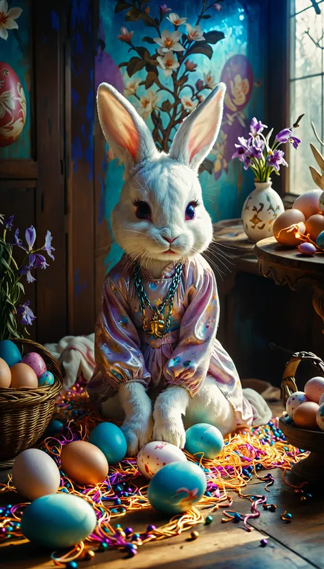 ethereal fantasy concept art of  cinematic photo (stylized by Magali Villeneuve:1.3) , photograph, eastern, bunny, eggs, holiday, happy Cleaning, =*, Hero pose, Chain, Alternative Art, hard light, still, Nikon d850, F/1.8, Ektachrome, A whimsical photo captures a cheerful bunny preparing for Easter celebrations. The bunny is in a joyous mood and strikes a playful pose. It's wearing a cute bunny costume and surrounded by colorful eggs scattered around. The setting appears to be indoors, with a cozy table visible in the background. The photographer has used a hard light effect to create a dramatic atmosphere. This lovely scene was captured using a Nikon D850 camera with an F/1.8 lens and Ektachrome film stock.  . 35mm photograph, film, bokeh, professional, 4k, highly detailed . magnificent, celestial, ethereal, painterly, epic, majestic, magical, fantasy art, cover art, dreamy