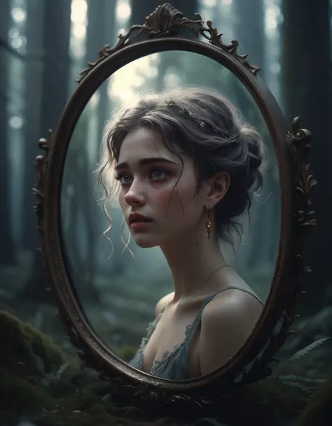 (masterpiece), (best quality), (ultra-detailed), cinematic still turn back time with a magic mirror in a mysterious enchanted forest.
 . emotional, harmonious, vignette, highly detailed, high budget, bokeh, cinemascope, moody, epic, gorgeous, film grain, grainy, illustration, disheveled hair, detailed eyes, perfect composition, moist skin, intricate details, earrings, by wlop