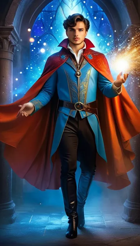 masterpiece,true work of art,high resolution,high quality. Imagine a fantasy illustration in a magical environment. A beautiful and handsome Russian magician,young,20yo,incredibly handsome in magic suit,man with athletic body,tight clothing with cape,short black hair,light blue eyes. The scene is a medieval magic workshop,with many potions,many glitter trails and stars fluttering all over the place. a very colorful and bright palette,photographed by Luis Royo and Wayne Barlowe,, alluring portrait, intricate, highly detailed, digital painting, artstation, concept art, naughty, sharp focus, cinematic lighting, illustration, art by artgerm and greg rutkowski, alphonse mucha, cgsociety