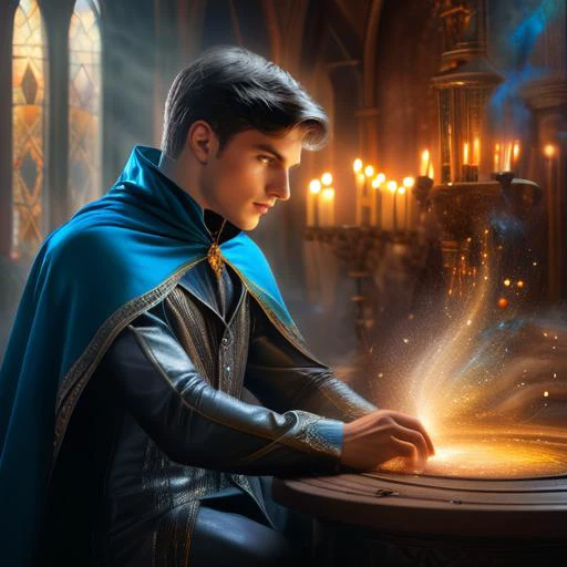 masterpiece,true work of art,high resolution,high quality. Imagine a fantasy illustration in a magical environment. A beautiful and handsome Russian magician,young,20yo,incredibly handsome in magic suit,man with athletic body,tight clothing with cape,short black hair,light blue eyes. The scene is a medieval magic workshop,with many potions,many glitter trails and stars fluttering all over the place. a very colorful and bright palette,photographed by Luis Royo and Wayne Barlowe,, alluring portrait, intricate, highly detailed, digital painting, artstation, concept art, naughty, sharp focus, cinematic lighting, illustration, art by artgerm and greg rutkowski, alphonse mucha, cgsociety