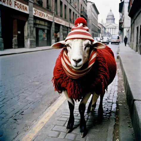 art by David Alfaro Siqueiros and Ihor Podolchak, photograph, Sheep, the Sheep is dressed in Cap, The Cap is Red and has diagonal stripes details on it, sharp and in focus, Fujicolor Superia X-TRA 400, Depth of field 100mm, cityscape, goth