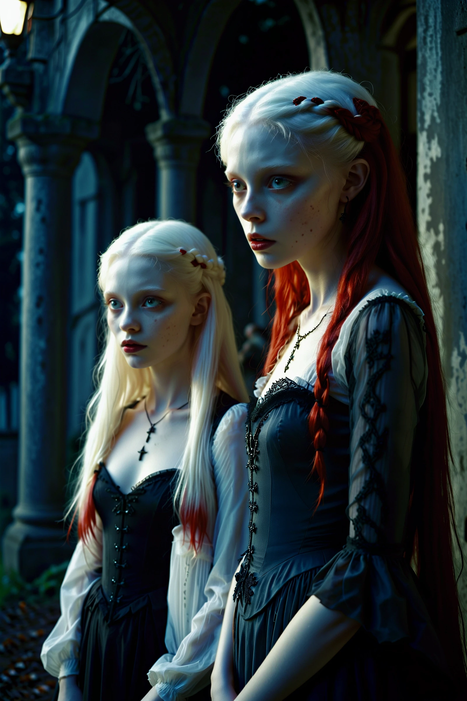 imagine, dream of, dark and dim, at night, cinematic photo cinematic film still rotund vampire twin sisters, albino, white hair, lower class, Playing, High Contrast, Sad, A sad assistant watches over two pale, red-headed girls who play together in a run-down setting. The contrast between their bright hair and the dark surroundings adds to the melancholic atmosphere. The image is rich in detail, capturing a poignant moment in their lives. . shallow depth of field, vignette, highly detailed, high budget, bokeh, cinemascope, moody, epic, gorgeous, film grain, grainy . 35mm photograph, film, bokeh, professional, 4k, highly detailed