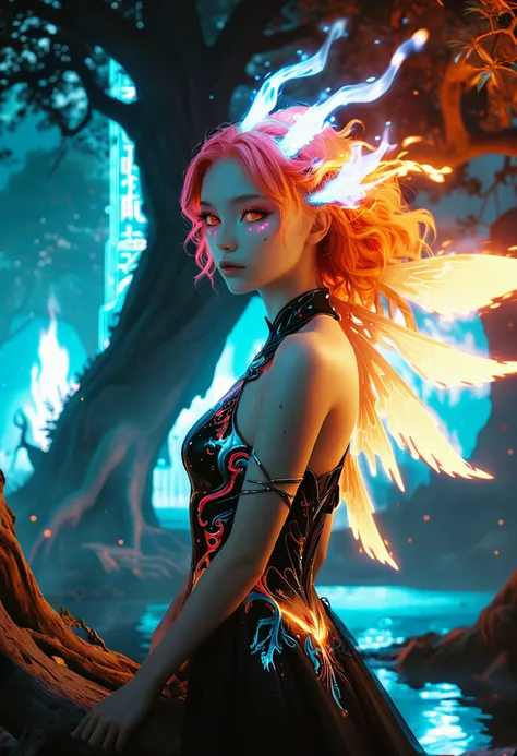 imagine, dream of, (designed by Rob Guillory:1.3) and (Alexandre Benois:0.8) , anime key visual, (female fire elemental, slender woman, ember glowing eyes, flame hair with white highlights, fire seraph, flame wings, fully clothed, vanta black magma dress, turquoise, coral, hot pink, inside a massive, sentient tree, sharp, crisp, clear, detailed:1.3) Sitting in a Canal, Bending backwards, Golden Age city street and Canis Minor constellation in background, at Dawn, Panorama, Vaporwave Art, 50mm, feminine, (designed by Rob Guillory:1.3) and (Alexandre Benois:0.8) , anime key visual, (female fire elemental, slender woman, ember glowing eyes, flame hair with white highlights, fire seraph, flame wings, fully clothed, vanta black magma dress, turquoise, coral, hot pink, inside a massive, sentient tree, sharp, crisp, clear, detailed:1.3) Sitting in a Canal, Bending backwards, Golden Age city street and Canis Minor constellation in background, at Dawn, Panorama, Vaporwave Art, 50mm, feminine