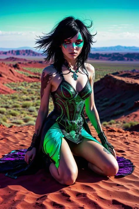 studio lighting, Joyful, Hypersaturated, (vesper darkstar is 27 year old fierce warrior, slender, black hair, red eyes, shadow blades, stealth, lethal., deep purple, neon green, turquoise, atop a wind-swept mesa in an alien desert landscape, evocative, emotive, nuanced, impressive:1.3) , she is Running, she is wearing a Mini dress and ankle boots, her Mini dress and ankle boots is Teal and Plum and has Mandala ornaments on it, Sitting with crossed legs, Infrared, Alternative Art, Romantic, multidimensional, BW, studio lighting, Joyful, Hypersaturated, (vesper darkstar is 27 year old fierce warrior, slender, black hair, red eyes, shadow blades, stealth, lethal., deep purple, neon green, turquoise, atop a wind-swept mesa in an alien desert landscape, evocative, emotive, nuanced, impressive:1.3) , she is Running, she is wearing a Mini dress and ankle boots, her Mini dress and ankle boots is Teal and Plum and has Mandala ornaments on it, Sitting with crossed legs, Infrared, Alternative Art, Romantic, multidimensional, BW