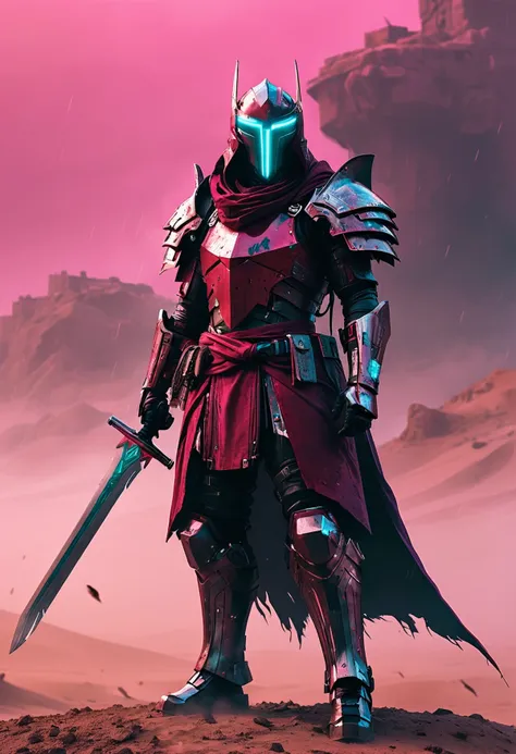 imagine, dream of, neonpunk style Crimson Red, Teal, Bright Magenta, In a cloaked fortress hidden within a sandstorm, Balanced, Harmonious, Masterful, Artistic, In a cloaked fortress concealed behind a stormy backdrop, a powerful figure commands attention. Dressed in elaborate armor and armed with a sword, this individual exudes strength and authority. A helmet equipped with wings adds to their imposing demeanor. The landscape around them is littered with debris and . cyberpunk, vaporwave, neon, vibes, vibrant, stunningly beautiful, crisp, detailed, sleek, ultramodern, magenta highlights, dark purple shadows, high contrast, cinematic, ultra detailed, intricate, professional