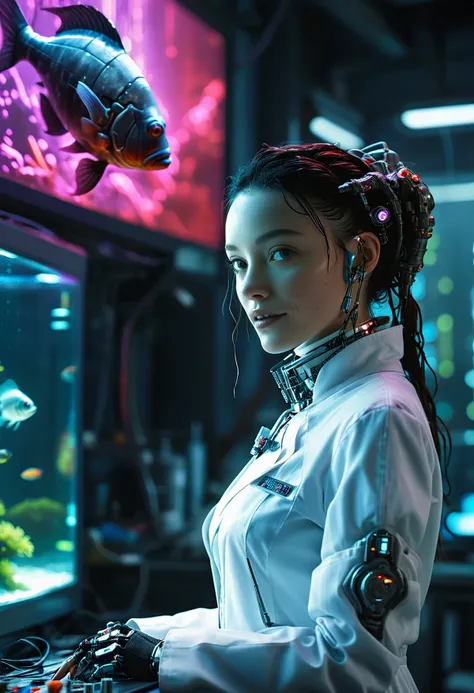 imagine, dream of, stylized by Ridley Scott and (Philippe de Champaigne:0.8) , anime key visual, (wired cyborg fishtank-head, female a doctor in a white coat and high collar, grinning madly, hands folded, with mechanical parts like a wired-cyborg cyberpunk, stands in a big scary lab with a big glowing screen/monitor in the background, with a fishtank as head with an small colorful fish in it, closeup, atmospheric haze, film grain, cinematic film still, shallow depth of field, highly detailed, moody, epic, photorealistic, atmospheric lighting, billowing cloud backdrop with volumetric lighting from within, neon purple, bright green, crimson red, on a battlefield frozen in time, amidst clashing armies, rich, dynamic, harmonious, intricate:1.3) , One Hand in Pocket, his hair is Sparse, Long exposure, Nikon d850, F/2.8, concept art, stylized by Ridley Scott and (Philippe de Champaigne:0.8) , anime key visual, (wired cyborg fishtank-head, female a doctor in a white coat and high collar, grinning madly, hands folded, with mechanical parts like a wired-cyborg cyberpunk, stands in a big scary lab with a big glowing screen/monitor in the background, with a fishtank as head with an small colorful fish in it, closeup, atmospheric haze, film grain, cinematic film still, shallow depth of field, highly detailed, moody, epic, photorealistic, atmospheric lighting, billowing cloud backdrop with volumetric lighting from within, neon purple, bright green, crimson red, on a battlefield frozen in time, amidst clashing armies, rich, dynamic, harmonious, intricate:1.3) , One Hand in Pocket, his hair is Sparse, Long exposure, Nikon d850, F/2.8, concept art