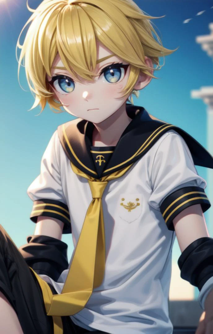 (male face details:1.4), more details in eyes, cute, looking at viewer, adorable boy, cute face, details sky, handsome, young, juvenile, ((masterpiece:1.4,best quality)), multiple details, eyeshadow, full shot,
<lora:more_details:0.3>,<lora:眼睛双_2:0.5>, <lora:stylized3DModelLora_v20:0.2>,
<lora:KagamineLenV1:0.6>,1boy, black_sailor_collar, leg_warmers, arm_warmers, white_shirt, spiked_hair, necktie, yellow_necktie, sailor_collar, short_sleeve, blonde hair