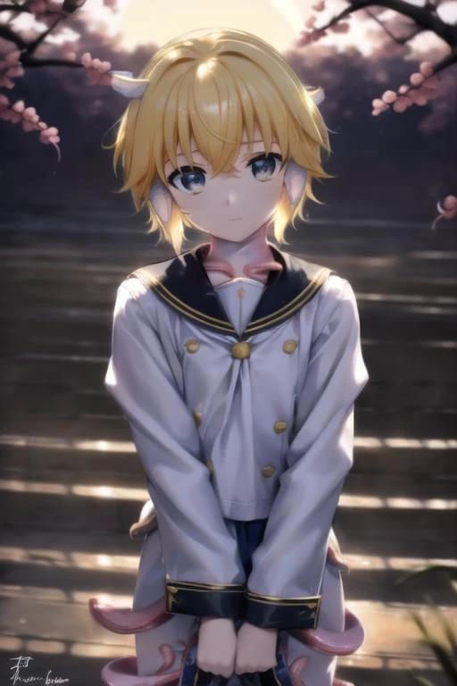 masterpiece, best quality, <lora:KagamineLenV1:0.6>, 1boy, sailor_collar, Kagamine_Len, yellow hair, (8k:0.7), , (detailed Background of a meadow:0.7), (dusk:0.6), moon, smile, (realistic),
(tentacle clothes:1.4), <lora:tentacle_clothes:1>,
(denoise), (8k uhd), (extremely fine and beautiful, best quality, ultra-detailed), (sharp focus), (soft illumination, soft volumetric lighting, soft lighting, soft shadows), (ray tracing ambient occlusion), (masterpiece, post processing), intricate, ((stunning environment):1.2),
(side lighting, particle lighting, cinematic lighting), (light and shadows),
(detailed (boy hair, boy face, cloth):1.2), kigurumi, upper body, <lora:kigurumiV1:0.65>