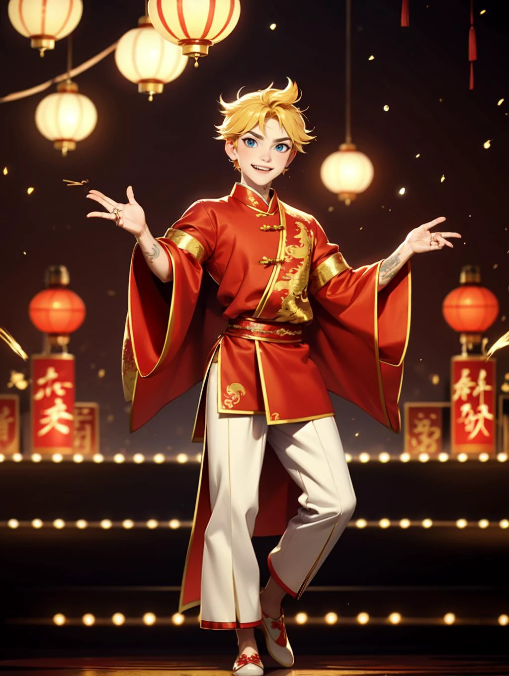 looking at viewer, Amidst the Chinese New Year festivities of the Dragon, a (handsome young man:1.1)( dons traditional attire:1.5). His clothing reveals chiseled muscles and tattoos, with a red shirt featuring golden dragon embroidery and snug, red trousers adorned with fireworks motifs. Completing the look are golden shoes.
he stands against a backdrop of gleaming red and gold lanterns on a stage filled with music and firecrackers. The man's tattoos, depicting dragons and Chinese symbols, underscore his cultural connection. With a radiant smile, he extends blessings for the year ahead, encapsulating the spirit of joy and community celebration. His masculine, youthful, and tender features exude warmth and charm, adding to the festive atmosphere of the occasion,
<lora:GoodHands-beta2:0.8>, dynamic pose,
<lora:KagamineLenV1:0.8> 1boy, blonde, kagamine len, blue eyes, white skin,, masterpiece, 4k, high quality, highres, absurdres,