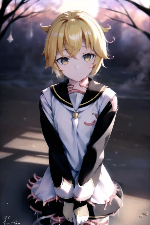 masterpiece, best quality, <lora:KagamineLenV1:0.6>, 1boy, sailor_collar, Kagamine_Len, yellow hair, (8k:0.7), , (detailed Background of a meadow:0.7), (dusk:0.6), moon, smile, (realistic),
(tentacle clothes:1.5), <lora:tentacle_clothes:1.6>,
(denoise), (8k uhd), (extremely fine and beautiful, best quality, ultra-detailed), (sharp focus), (soft illumination, soft volumetric lighting, soft lighting, soft shadows), (ray tracing ambient occlusion), (masterpiece, post processing), intricate, ((stunning environment):1.2),
(side lighting, particle lighting, cinematic lighting), (light and shadows),
(detailed (boy hair, boy face, cloth):1.2), kigurumi, upper body, <lora:kigurumiV1:0.65>