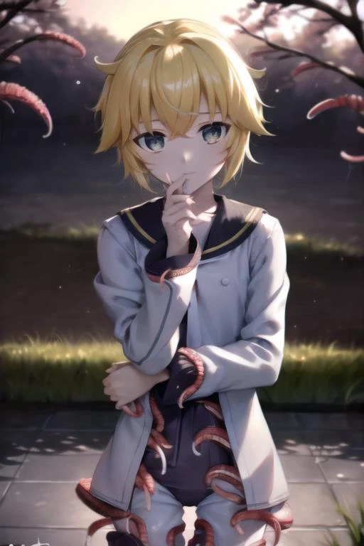 masterpiece, best quality, <lora:KagamineLenV1:0.6>, 1boy, sailor_collar, Kagamine_Len, yellow hair, (8k:0.7), , (detailed Background of a meadow:0.7), (dusk:0.6), moon, smile, (realistic),
(tentacle clothes:1.6), <lora:tentacle_clothes:1.1>,
(denoise), (8k uhd), (extremely fine and beautiful, best quality, ultra-detailed), (sharp focus), (soft illumination, soft volumetric lighting, soft lighting, soft shadows), (ray tracing ambient occlusion), (masterpiece, post processing), intricate, ((stunning environment):1.2),
(side lighting, particle lighting, cinematic lighting), (light and shadows),
(detailed (boy hair, boy face, cloth):1.2), kigurumi, upper body, <lora:kigurumiV1:0.65>