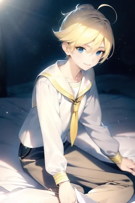 masterpiece, best quality, <lora:KagamineLenV1:0.7>, 1boy, sailor_collar, Kagamine_Len, yellow hair, (8k:0.7), (detailed Background of a meadow:0.7), (dusk:0.6), moon, smile, short pants and sleeve, white shirt,
(denoise), (8k uhd), (extremely fine and beautiful, best quality, ultra-detailed), (sharp focus), (soft illumination, soft volumetric lighting, soft lighting, soft shadows), (ray tracing ambient occlusion), (masterpiece, post processing), intricate, ((stunning environment):1.2),
(side lighting, particle lighting, cinematic lighting), (light and shadows),
(detailed (boy hair, boy face, cloth):1.2)