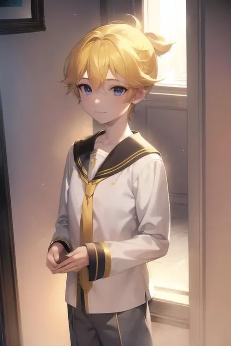 masterpiece, best quality, <lora:KagamineLenV1:0.7>, 1boy, sailor_collar, Kagamine_Len, yellow hair, (8k:0.7), (detailed Background of a meadow:0.7), (dusk:0.6), moon, smile, short pants and sleeve, white shirt,
(denoise), (8k uhd), (extremely fine and beautiful, best quality, ultra-detailed), (sharp focus), (soft illumination, soft volumetric lighting, soft lighting, soft shadows), (ray tracing ambient occlusion), (masterpiece, post processing), intricate, ((stunning environment):1.2),
(side lighting, particle lighting, cinematic lighting), (light and shadows),
(detailed (boy hair, boy face, cloth):1.2)