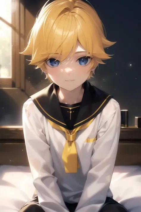 masterpiece, best quality, <lora:KagamineLenV1:0.7>, 1boy, sailor_collar, Kagamine_Len, yellow hair, (8k:0.7), (detailed Background of a meadow:0.7), (dusk:0.6), moon, smile, short pants and sleeve, white shirt,
(denoise), (8k uhd), (extremely fine and beautiful, best quality, ultra-detailed), (sharp focus), (soft illumination, soft volumetric lighting, soft lighting, soft shadows), (ray tracing ambient occlusion), (masterpiece, post processing), intricate, ((stunning environment):1.2),
(side lighting, particle lighting, cinematic lighting), (light and shadows),
(detailed (boy hair, boy face, cloth):1.2)
