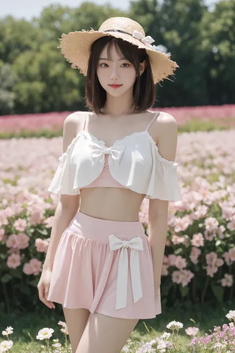 <lora:Twinkle_20240307133948:0.5>, twinkle, ribbon, best quality, masterpiece, illustration, realistic, photo-realistic, amazing, finely detail, incredibly absurdres, huge filesize, ultra-detailed, highres, extremely detailed CG unity 8k wallpaper, nsfw, A young Korean woman is playfully posing in a field of flowers. She is wearing a white, low-cut, spaghetti-strap crop top that reveals her midriff and exposes her large breasts, with visible nipples. Her skirt is pink and short, with a bow in the front. She is wearing a small straw hat on her head. She has a cute and seductive expression on her face, with a hint of a mischievous smile. The background is a daytime scene in a flower field, and the image is a high-resolution close-up.