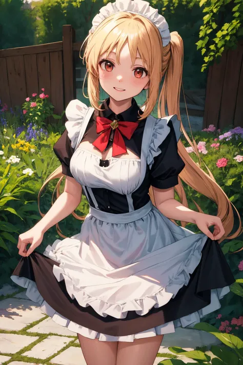 masterpiece, best quality, highres, ijichi nijika, 1girl, solo, red eyes,looking at viewer, <lora:ijichi_nijika:0.8>,
maid, maid headdress, apron, brooch, skirt hold, standing, garden, table
, standing, cowboy shot, outdoors, smile