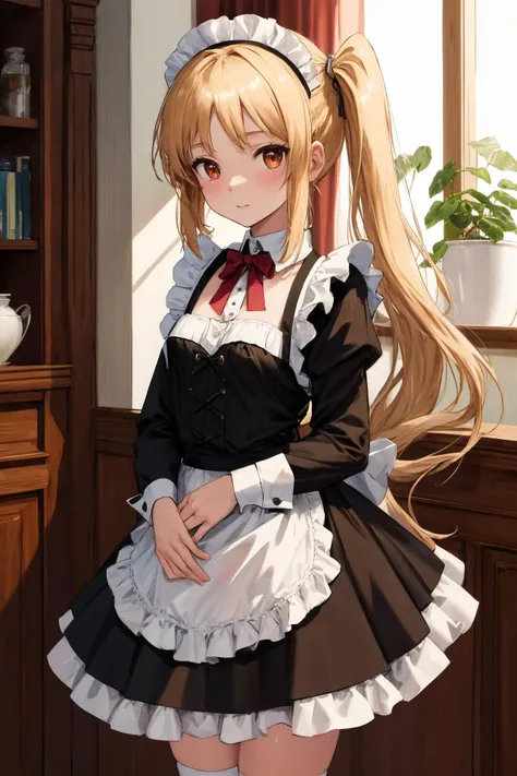masterpiece, best quality, highres,  ijichi nijika, 1girl, solo, red eyes,looking at viewer,  <lora:ijichi_nijika:0.8>, long hair, red eyes,side ponytail,
 French Maid (Early 20th Century): A (cute young girl:1.1), light skin, petite, wearing a short, black (maid dress1.2) with white lace trime,