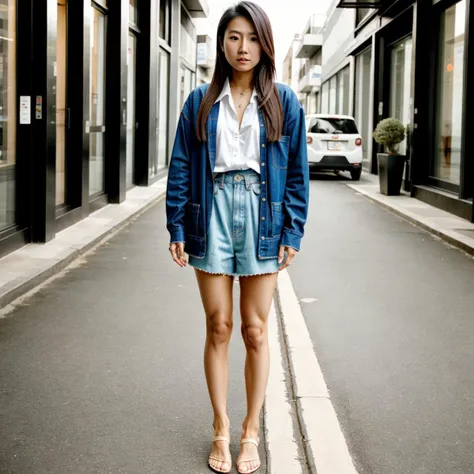 Norasi,  <lora:lastnorasi:0.65> Asian Woman,  realistic style, detailed hands, detailed feets, detailed feets, shadows, grainy, dimly lit, smartphone quality, 1girl, in the street, scared eyes, scared expression, back, ((full body)),