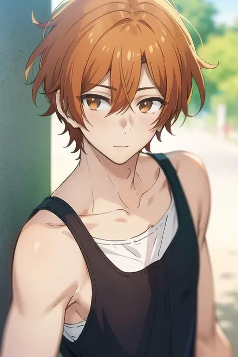 masterpiece, best quality, , 1boy, solo, male focus, looking at viewer, , depth of field, <lora:shuumei_sasaki:0.70>, shuumei_sasaki, orange hair, , brown eyes, tank top,