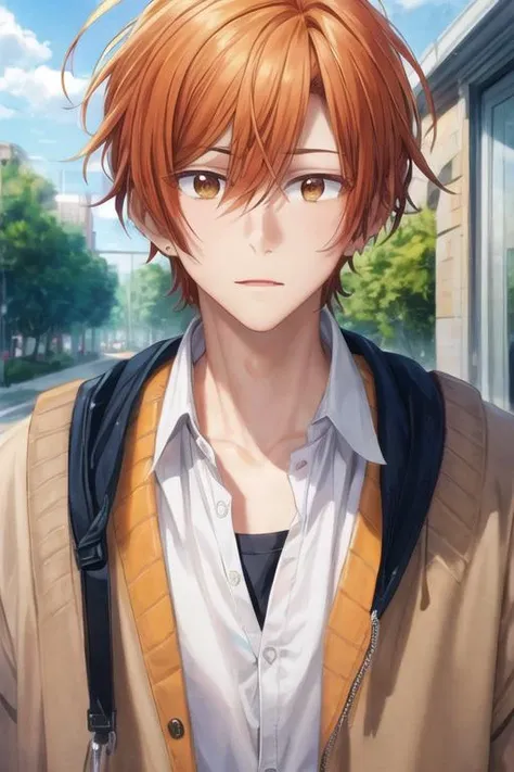 masterpiece, best quality, illustration, 1boy, solo, male focus, looking at viewer, , , <lora:shuumei_sasaki:0.74>, shuumei_sasaki, orange hair, , brown eyes, shirt,