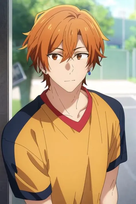masterpiece, best quality, illustration, 1boy, solo, male focus, looking at viewer, upper body, depth of field, <lora:shuumei_sasaki:0.74>, shuumei_sasaki, orange hair, jewelry, brown eyes, sportswear,