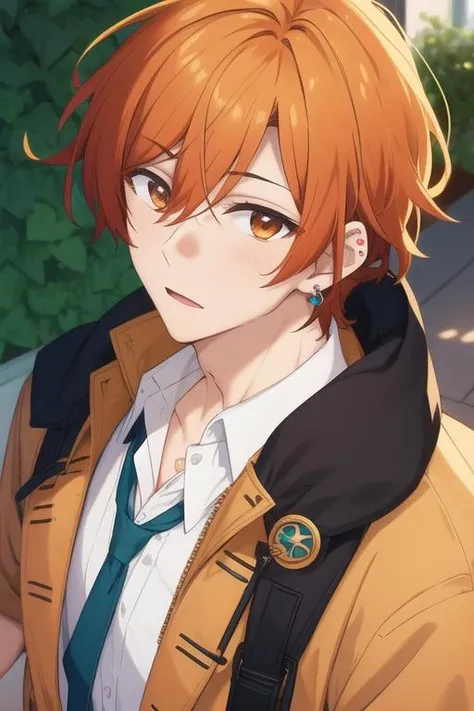 masterpiece, best quality, , 1boy, solo, male focus, looking at viewer, upper body, , <lora:shuumei_sasaki:0.74>, shuumei_sasaki, orange hair, jewelry, brown eyes, jacket,
