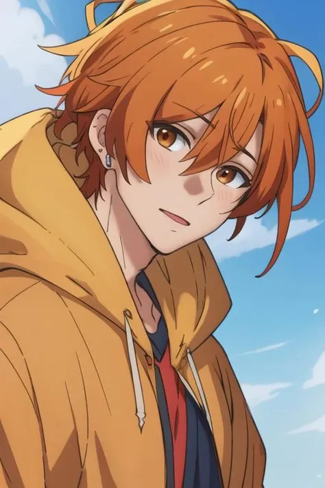 masterpiece, best quality, , 1boy, solo, male focus, looking at viewer, , , <lora:shuumei_sasaki:0.72>, shuumei_sasaki, orange hair, jewelry, brown eyes, hoodie, hat