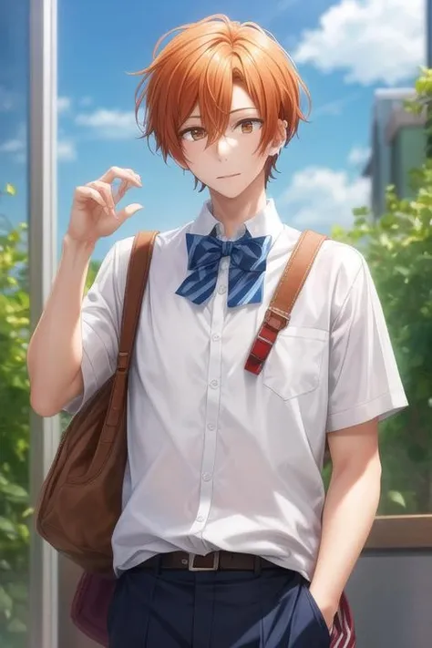 masterpiece, best quality, , 1boy, solo, male focus, looking at viewer, , depth of field, <lora:shuumei_sasaki:0.66>, shuumei_sasaki, orange hair, , brown eyes, school uniform,