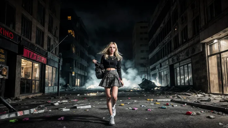 photography, nikon, scene, full body shot, DV_Velvet_Vicious, walking through the street of a burning city, wearing a plaid skirt, wearing a white shirt, war torn, rubble, ruins, fog, night, detailed skin, shot from above epiCRealism <lora:add_detail:0.8> <lora:epiNoiseoffset_v2:0.8>
